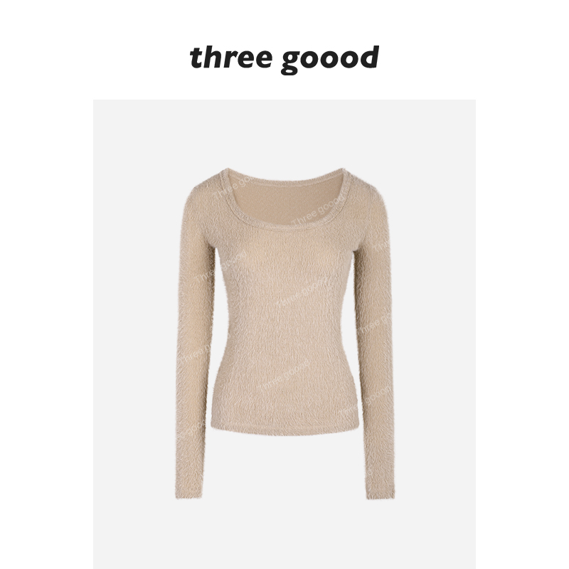THREEGOOOD/三吉短毛绒弹力针织纱线U领长袖修身打底衫Y725Y20257