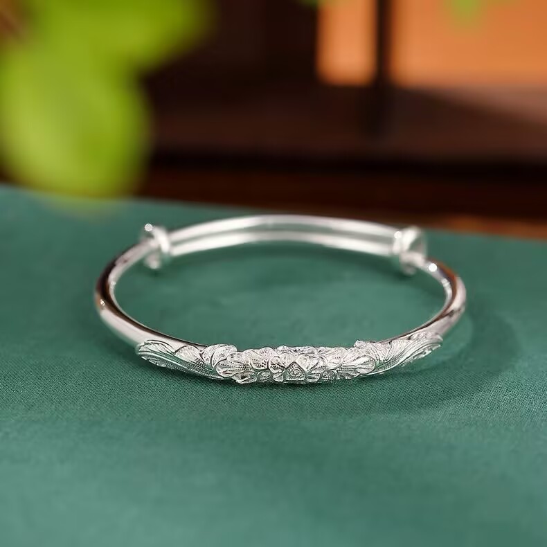 足银手镯 119号链接 花丝推拉光面实心手镯足银女生饰品气质镯子