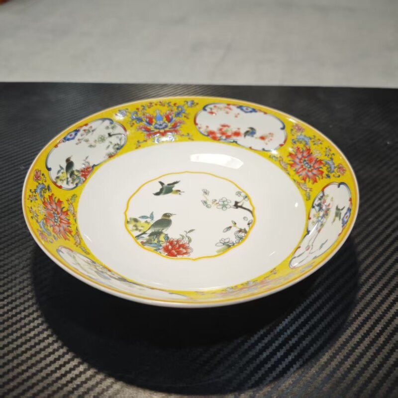黄色开窗花鸟8英寸盘