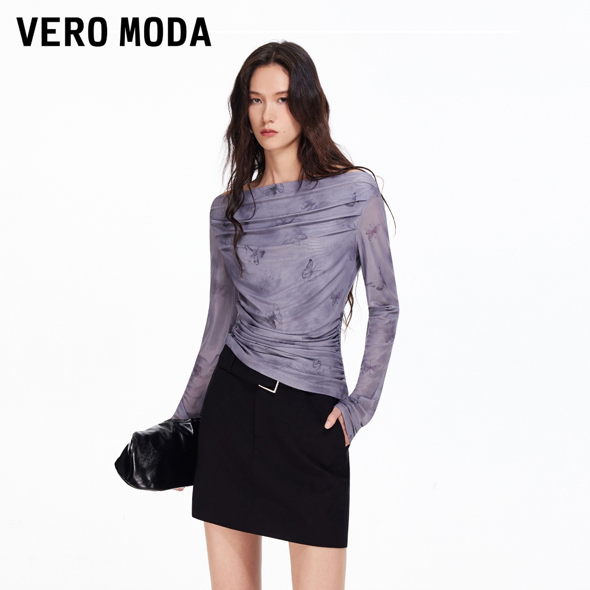 Vero ModaT恤女装2026春季新款一字肩蝴蝶印花抽褶上衣时尚百搭
