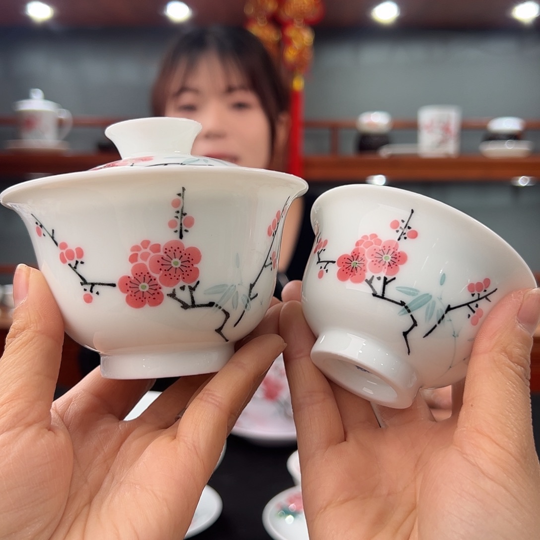 玉泥红梅盖碗➕杯