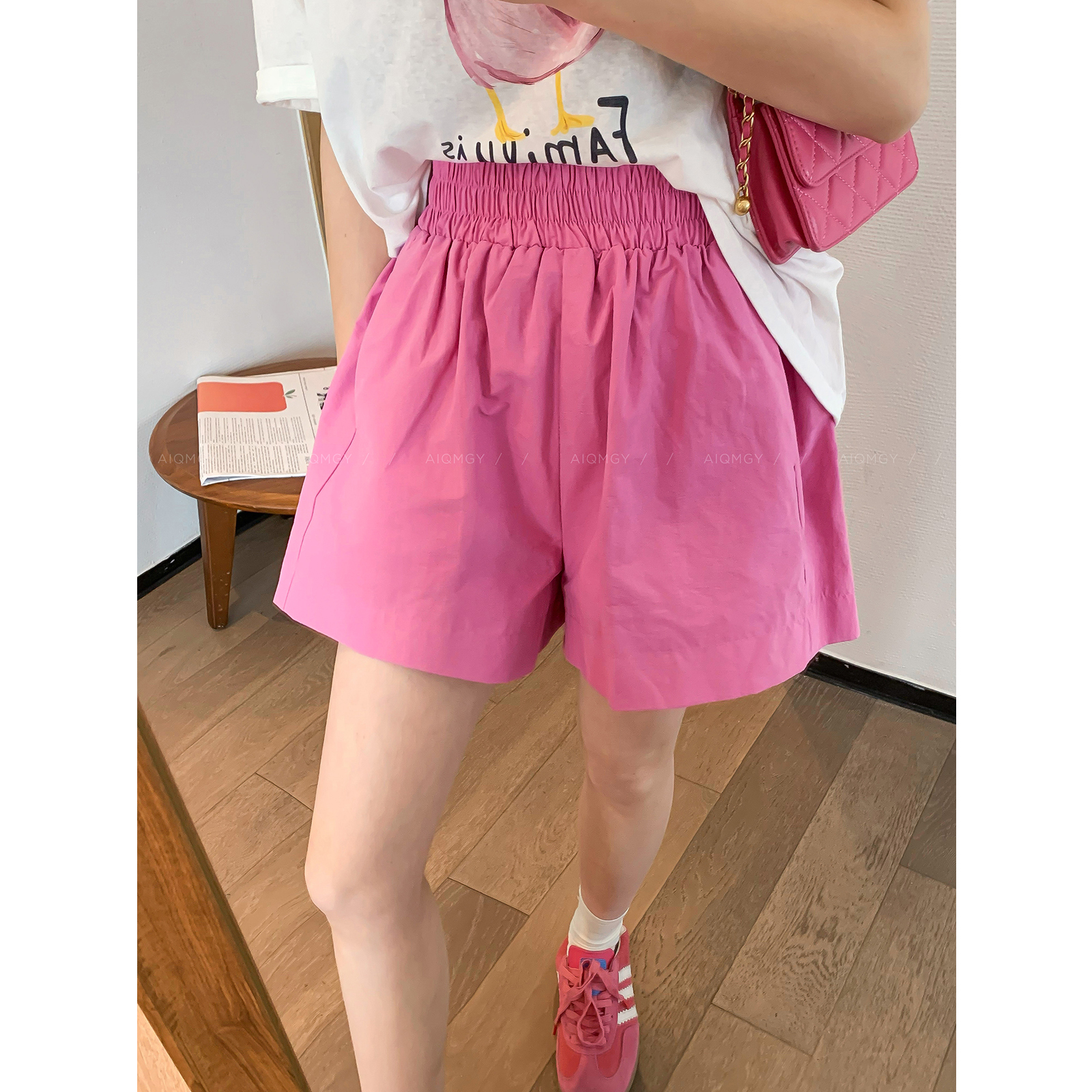 【打打】纯色松紧腰休闲短裤女2025年夏季新款高腰显瘦阔腿裤