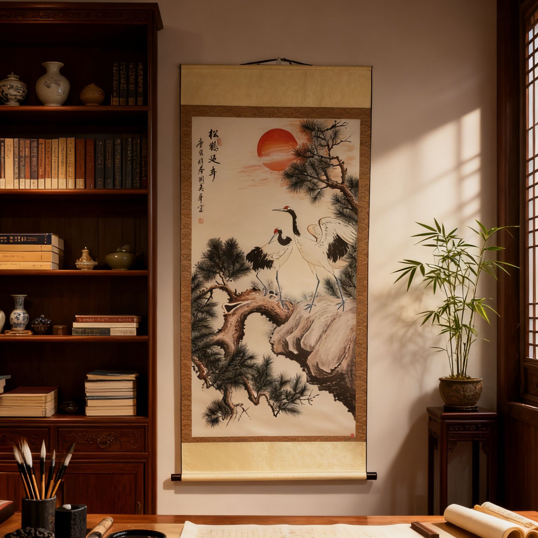 仙鹤松鹤延年国风山水玄关客厅书法卷轴挂画装饰画