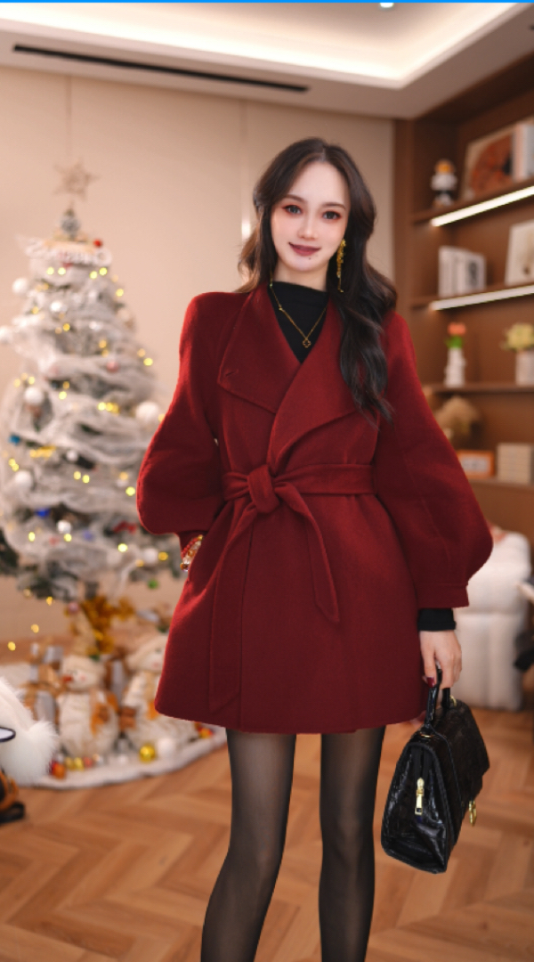 立领毛呢外套女秋冬新款双面羊毛呢子大衣8013