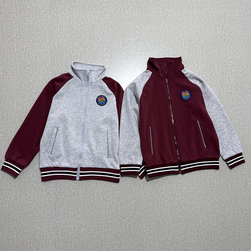 荣成小学生春秋校服外套酒红色立领拼灰色中大童厚小学外套月牙猴