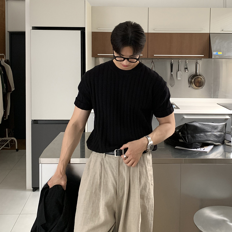 ascloqiao高级感韩版竖条纹理毛线短袖时尚打底简约休闲百搭潮