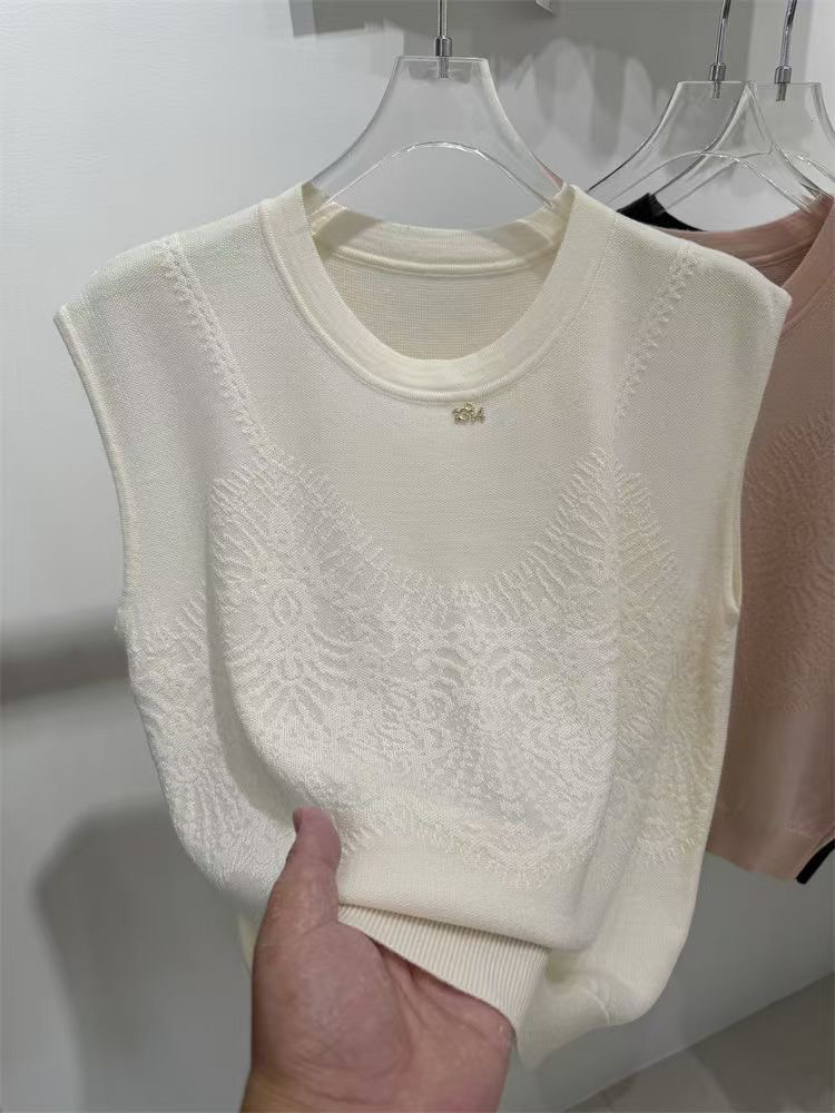 薄款提花圆领夏季女无袖毛针织衫休闲毛衣百搭镂空气质简约
