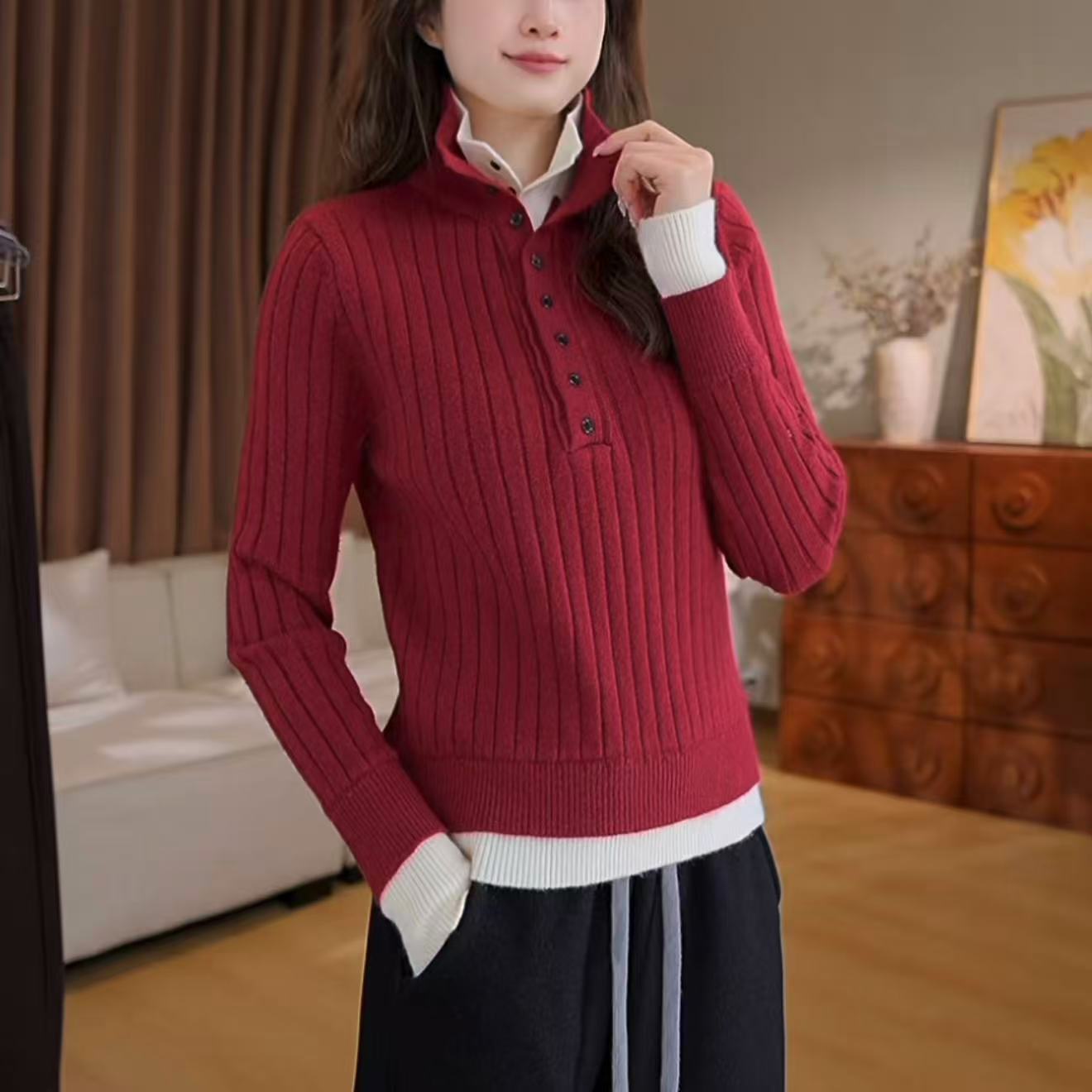 【穿搭焦点】撞色简约立领显瘦百搭长袖针织衫