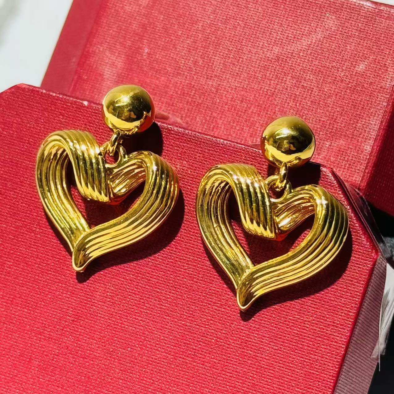 黄金足金999圆珠线条爱心5D硬金耳环