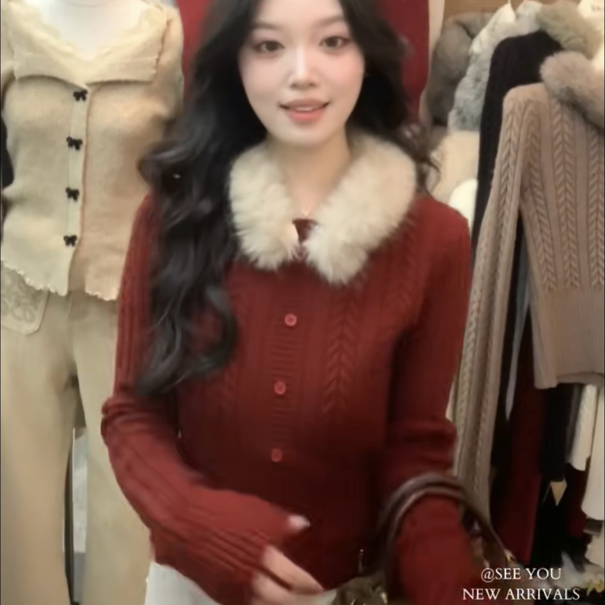 圣诞节穿搭套头麻花毛衣女冬保暖可拆卸毛领针织衫上衣