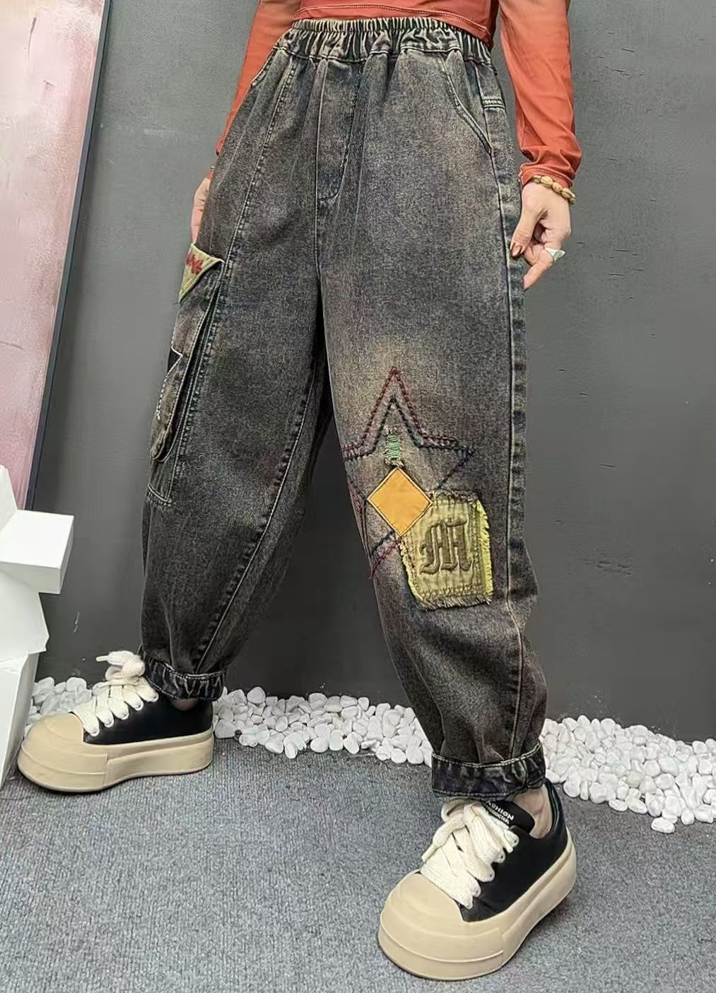 春秋女装新款宽松舒适刺绣五角星水洗牛仔裤休闲简约哈伦裤女裤