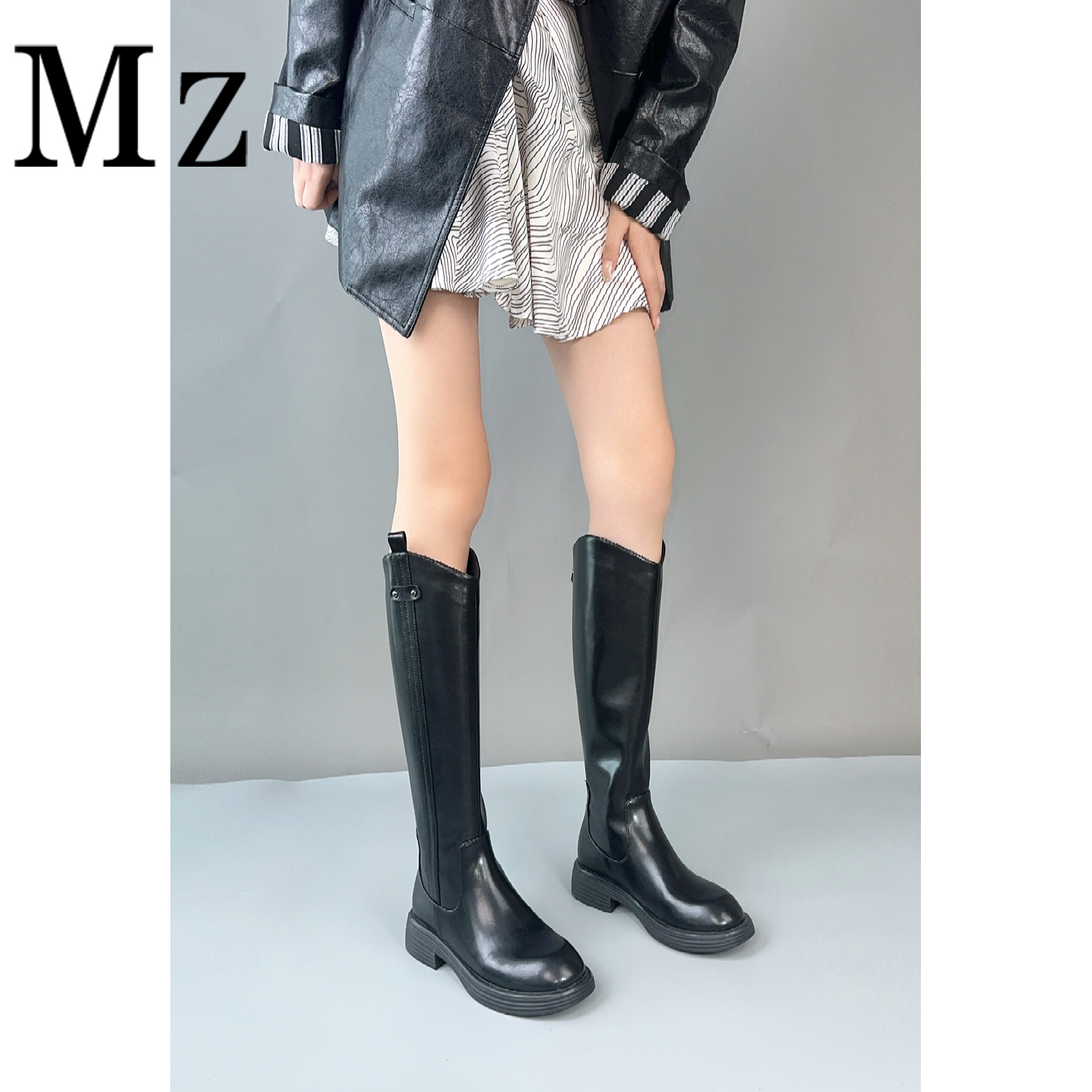 Mr.Zheng/3.5cm/真皮骑士靴V口长靴平底高筒靴秋冬新款休闲女靴