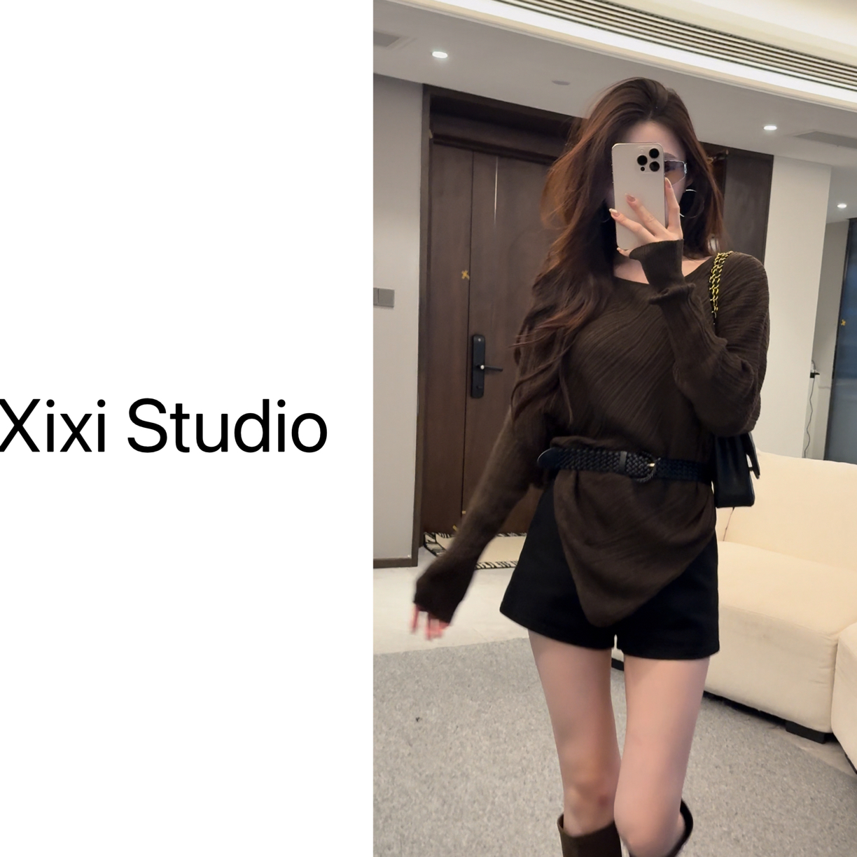 【西西】不规则显瘦针织腰带长袖上衣