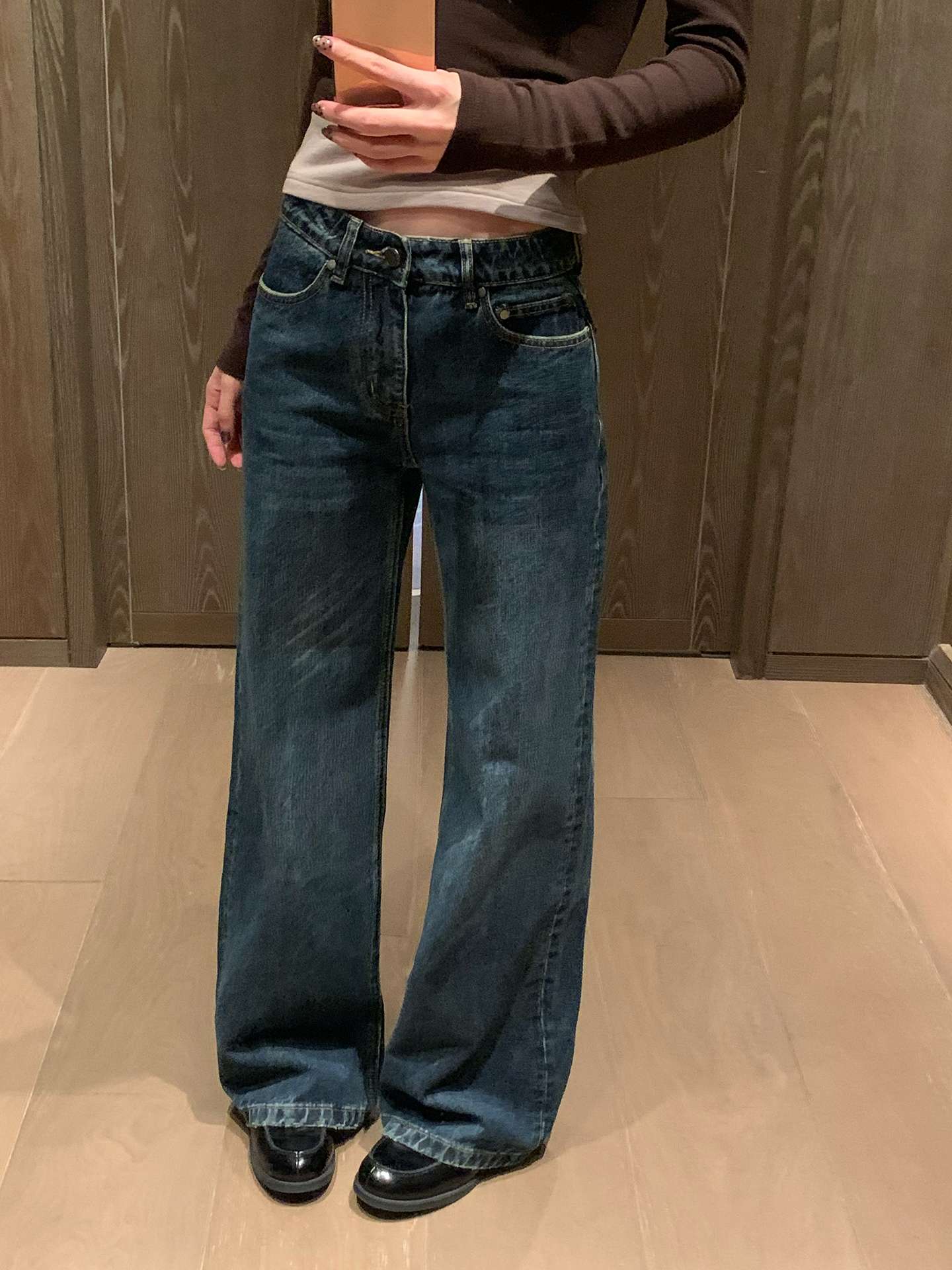 IceFront 气质百搭深蓝色直筒牛仔裤女2025窄版小个子宽松微喇裤