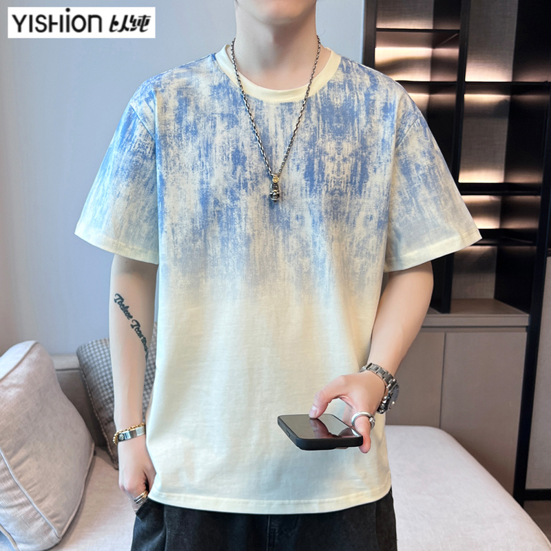 YISHION/以纯2025新款夏季男潮流宽松服潮牌学生短袖上衣圆领t恤