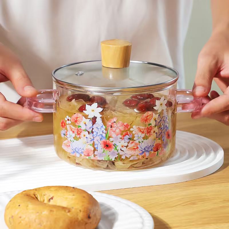 【可明火】1600ml繁华似锦高硼硅玻璃锅炖锅煲汤锅奶锅泡面锅奶锅