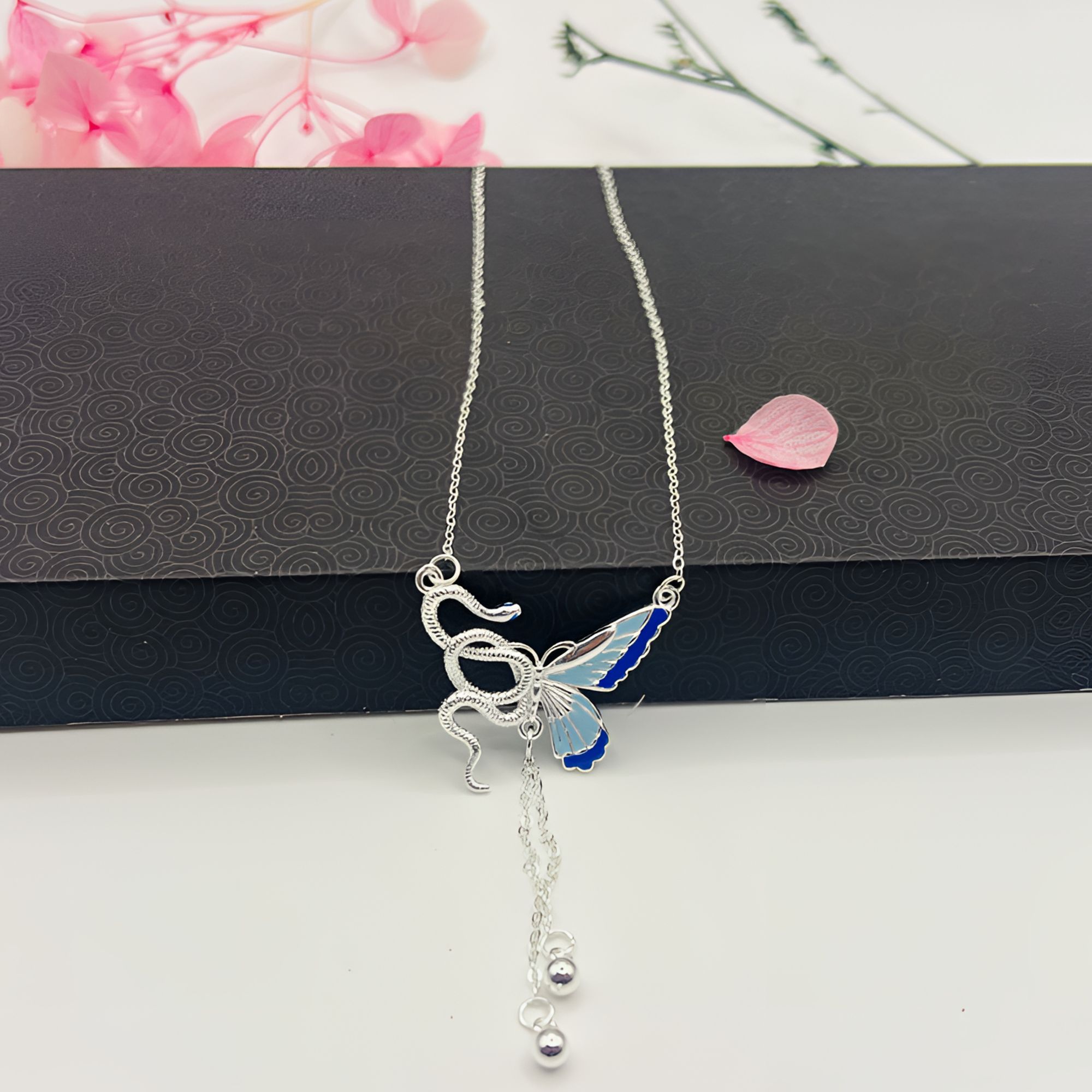 坠链均足银珐琅 阿乐专属-足银990灵蛇蝶舞珐琅纯银项链吊坠