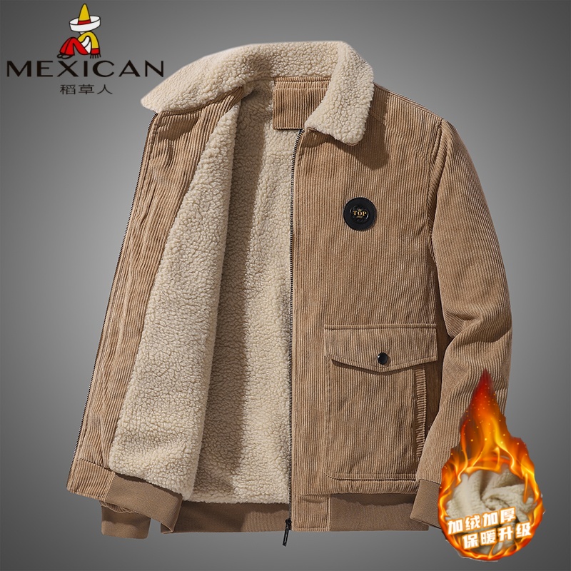 稻草人男士羊羔绒加厚加绒灯芯绒外套秋冬季时尚休闲保暖舒适棉衣