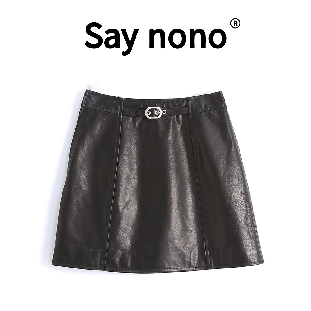 懒猫nono│Saynono 美式＿高级感包臀百搭A字牛皮皮短裙女 /F168
