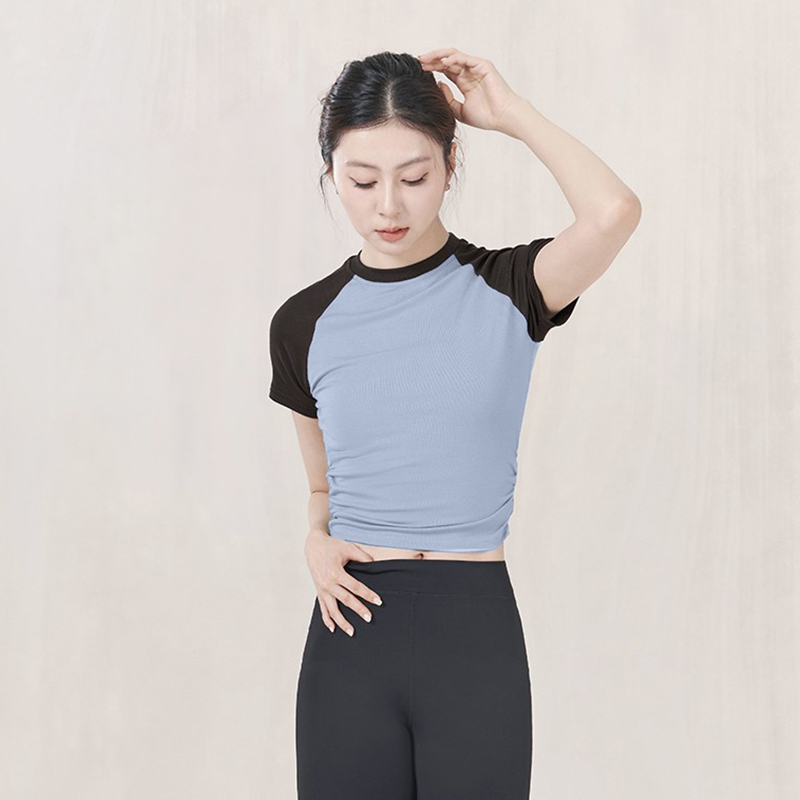 现代舞民族舞形体练功服圆领领拼色短袖修身上衣中国古典舞舞蹈服