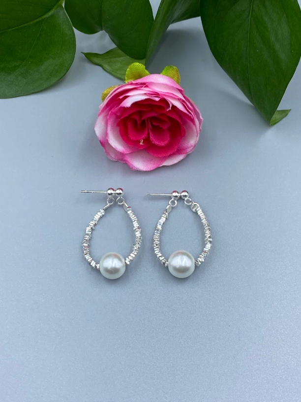 足银仿珍珠耳饰 侗石記 时尚碎银几两珠珠耳环 