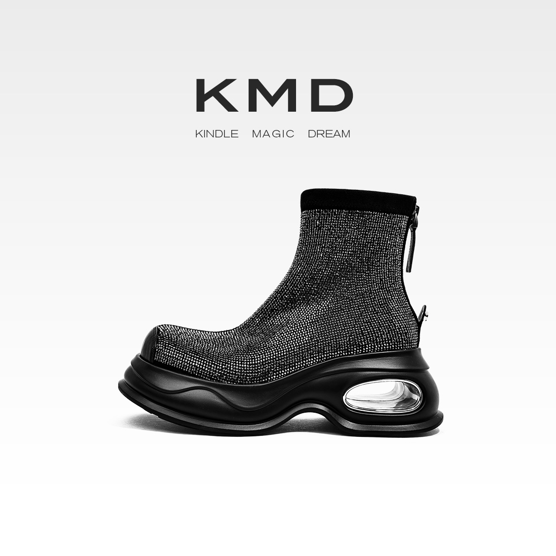 KMD 2025秋冬新款时尚厚底弹力靴女黑色时尚满钻袜靴增高显瘦短靴