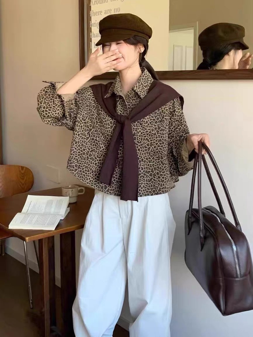 （XI ZI女装）#9081慵懒风韩系披肩复古豹纹宽松长袖衬衫小外套