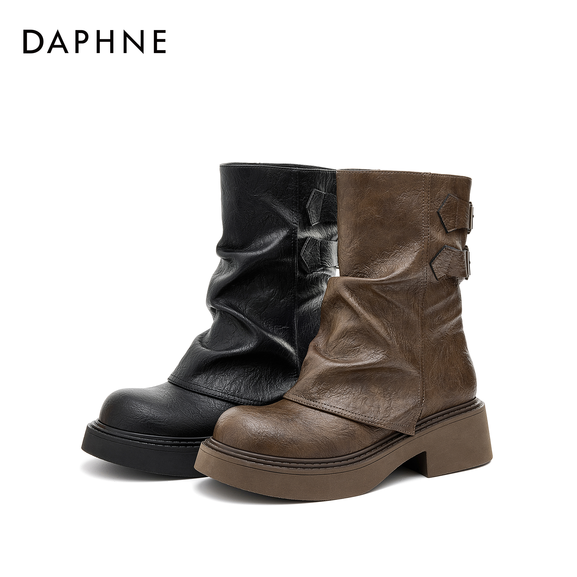 达芙妮2025圆头堆堆时装靴时装系列早秋上新复古百搭英伦风粗跟