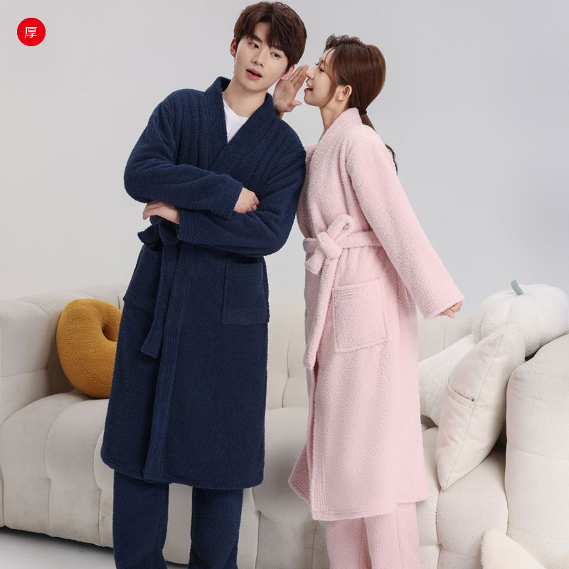 仿半边绒斜襟睡袍秋冬款保暖加厚浴袍新款情侣睡衣长款宽松可外穿