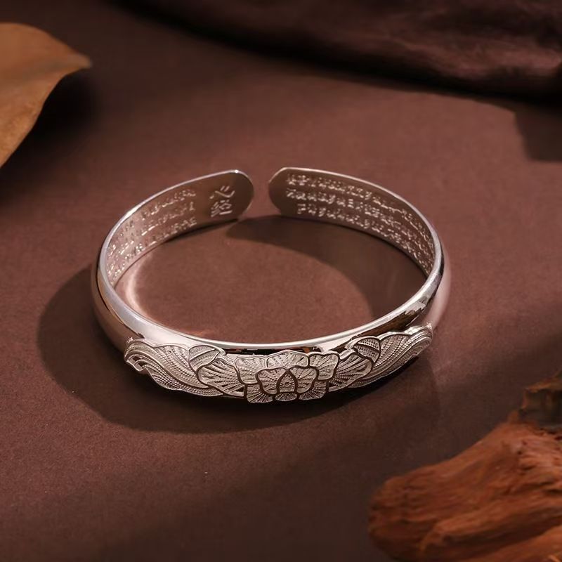 足银手镯 9999 牡丹花丝心经开口手镯 货号020