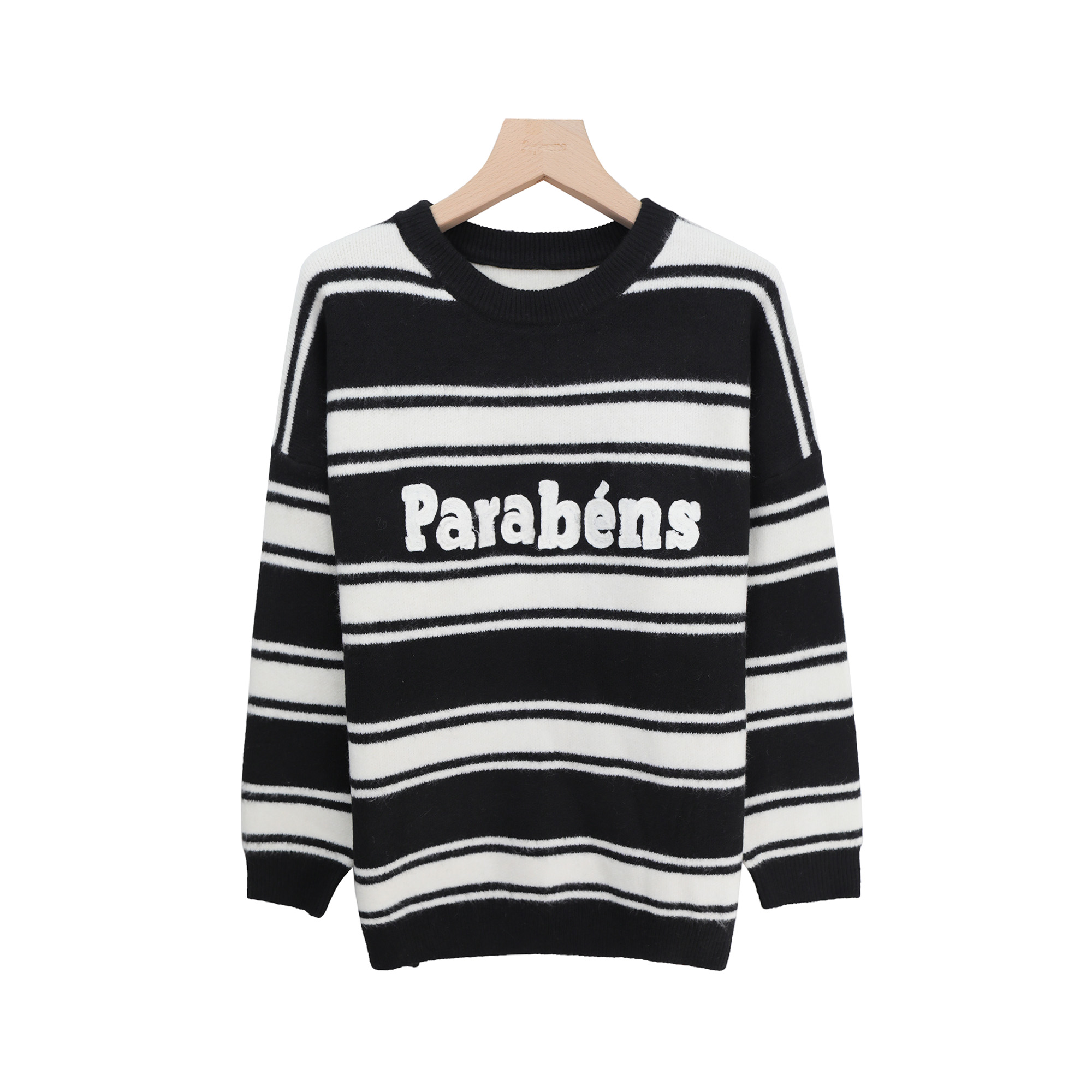 复古撞色条纹圆领毛衣女通勤慵懒风针织上衣K2486