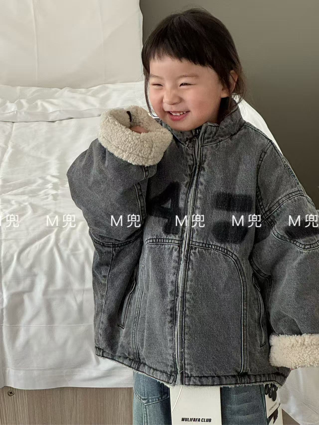 Wulifafa 25年新款羊羔绒加厚款牛仔外套设计师款儿童外套
