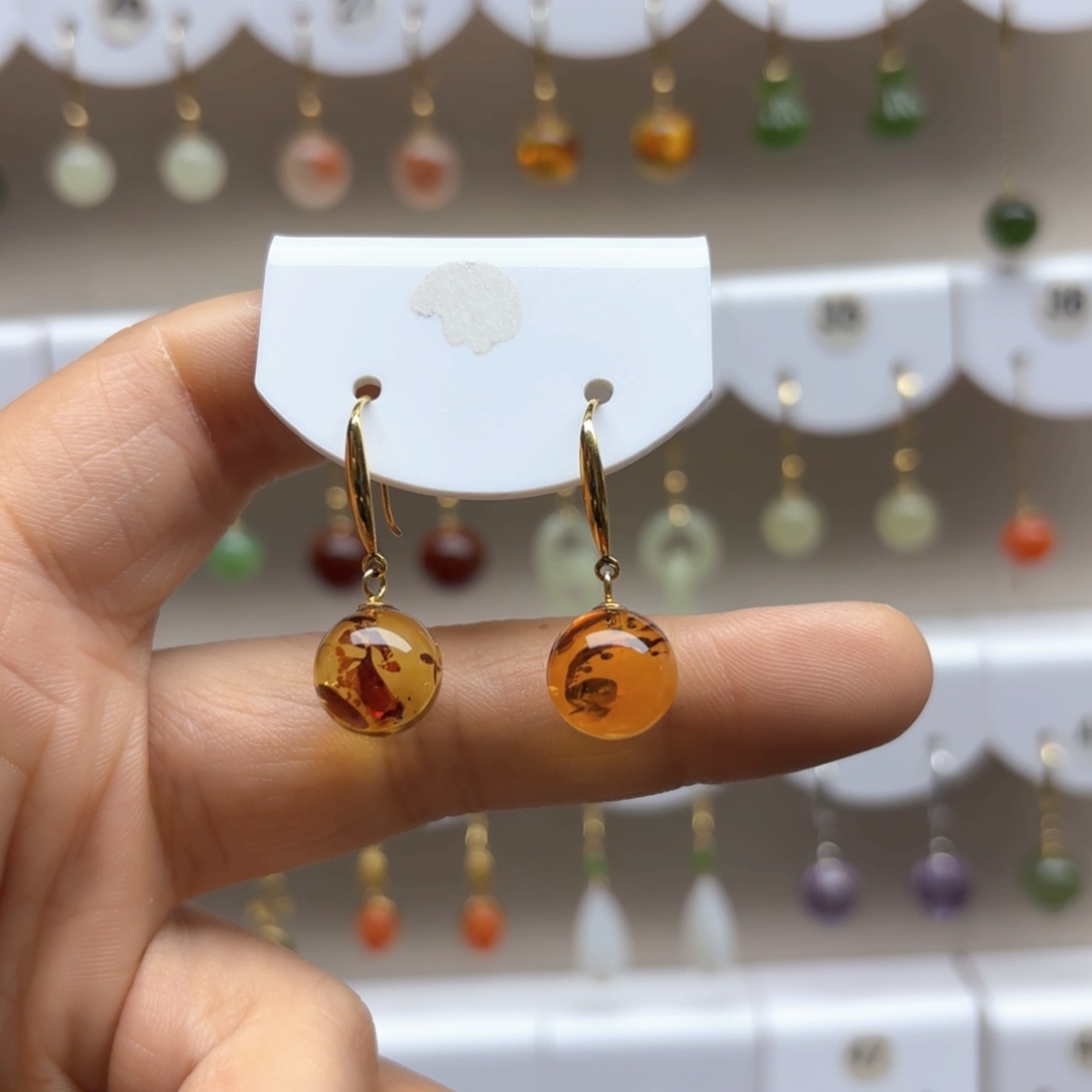 琥珀（花珀）耳饰银S925镶嵌放漏款