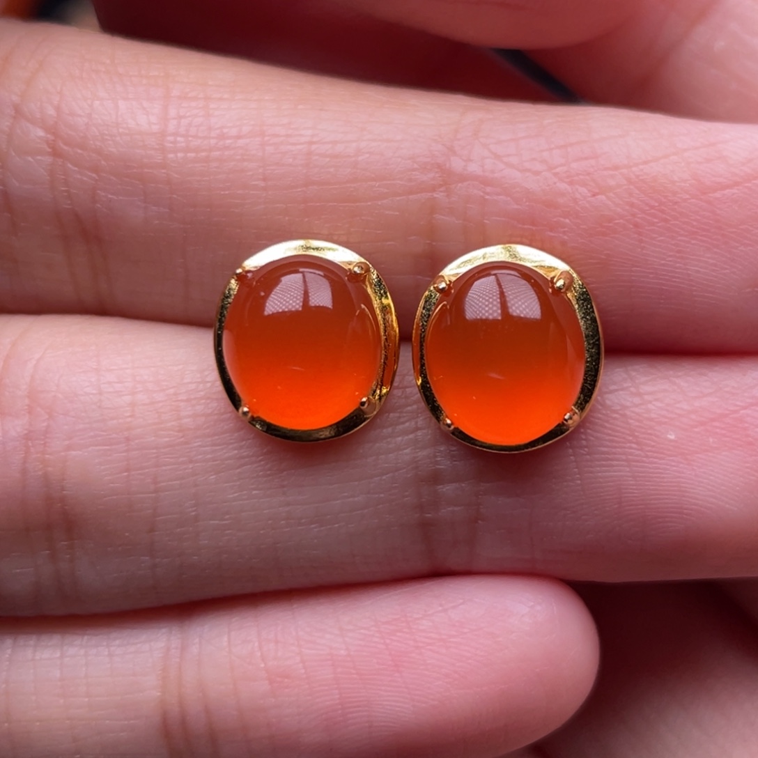 南红玛瑙银S925镶嵌珠宝奇石耳钉