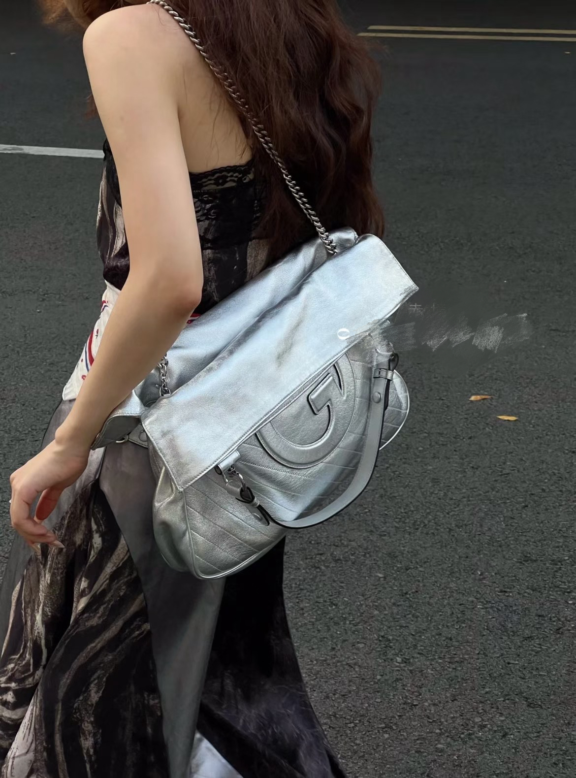 95新 GUCCI/古驰 95新-Blondie 银色皮革双G托特包 购物袋手提包