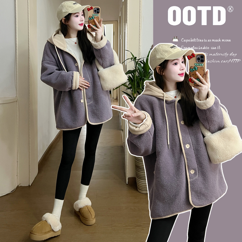 2026孕妇秋冬装加绒加厚保暖外套优质加厚宽松连帽抽绳外套中长款