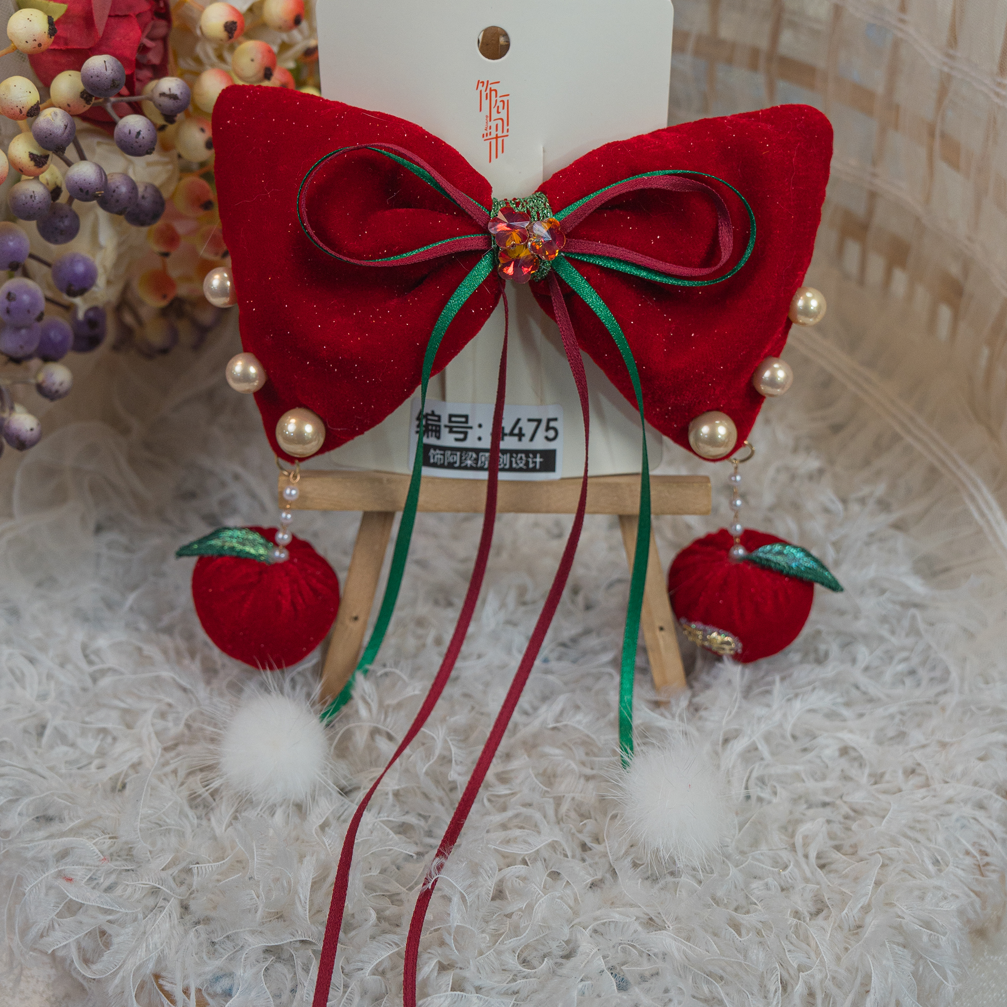饰阿梁4475 红苹果大领结弹簧夹后压圣诞可爱儿童头饰女孩发饰