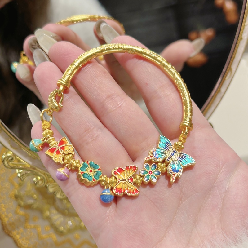 铜合金手镯 复古古法珐琅彩蓝色花蝴蝶半镯S018