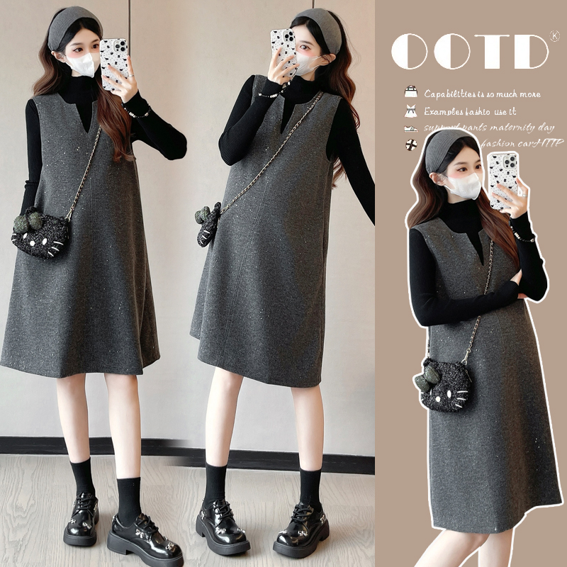 孕妇高品质毛呢连衣裙秋冬季新款韩风气质洒金背心裙套装两件套