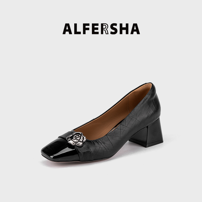 阿芙莎广系联名款2619269新款简约气质方跟单鞋方头浅口单鞋D