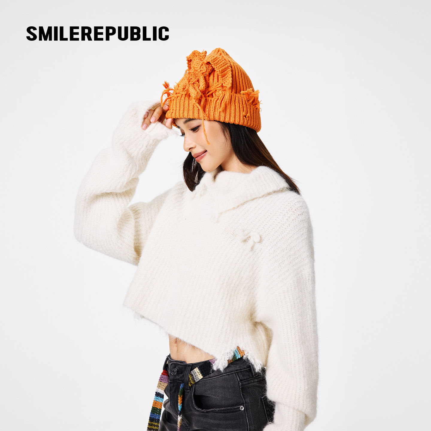 smilerepublic破坏感短款毛针织衫小众设计女装时尚上衣毛衣