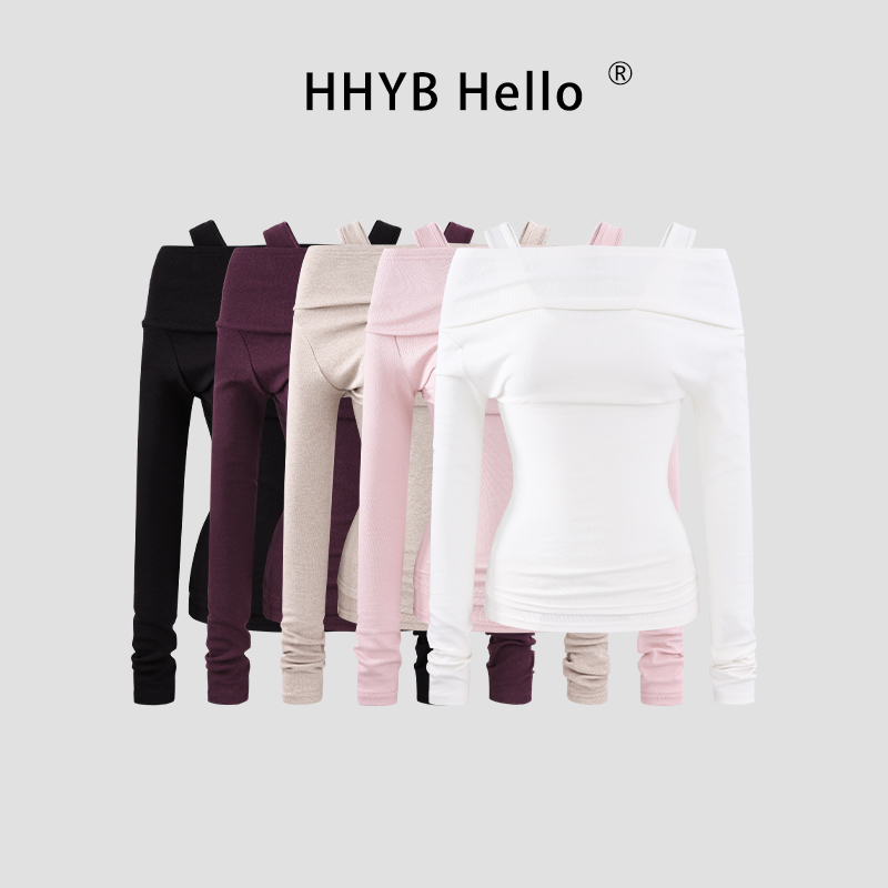 HHYB Hello韩系假两件背心拼接露肩针织衫长袖t恤上衣女250898