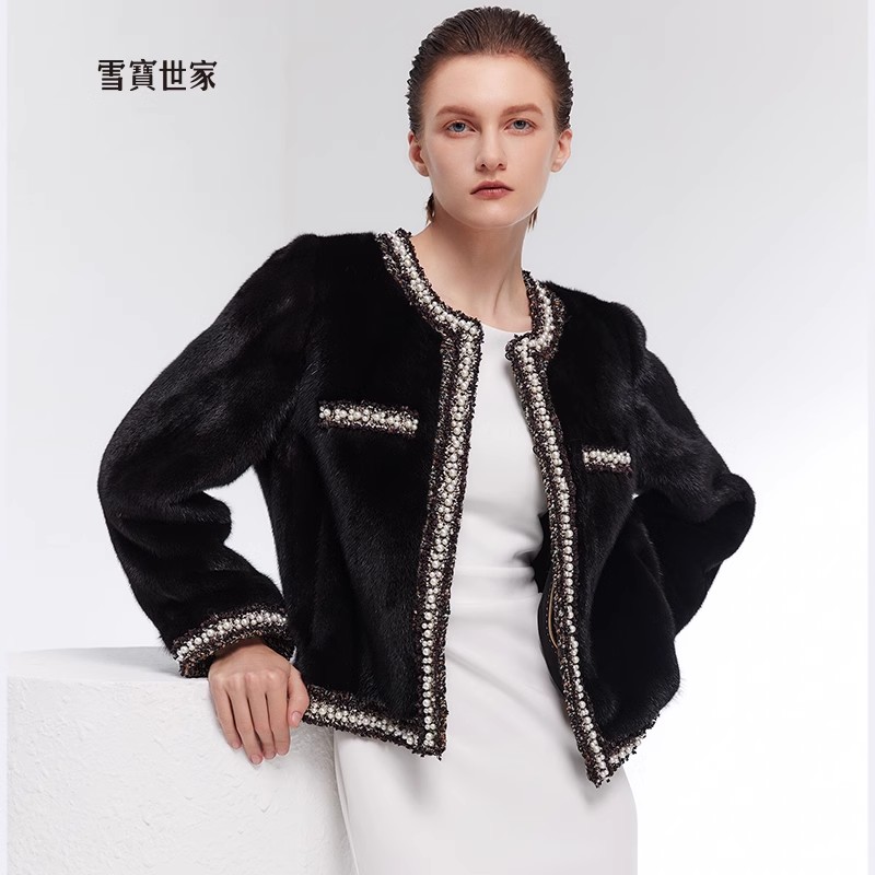 雪宝世家 水貂皮草外套女进口天鹅绒大衣年轻款小香风整貂时尚款