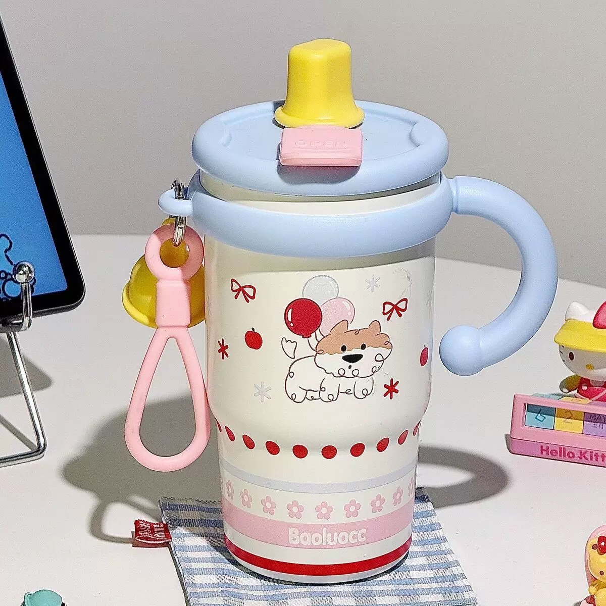 可爱狗狗高颜值陶瓷内胆保温杯大手柄便携办公少女心咖啡杯吸管杯