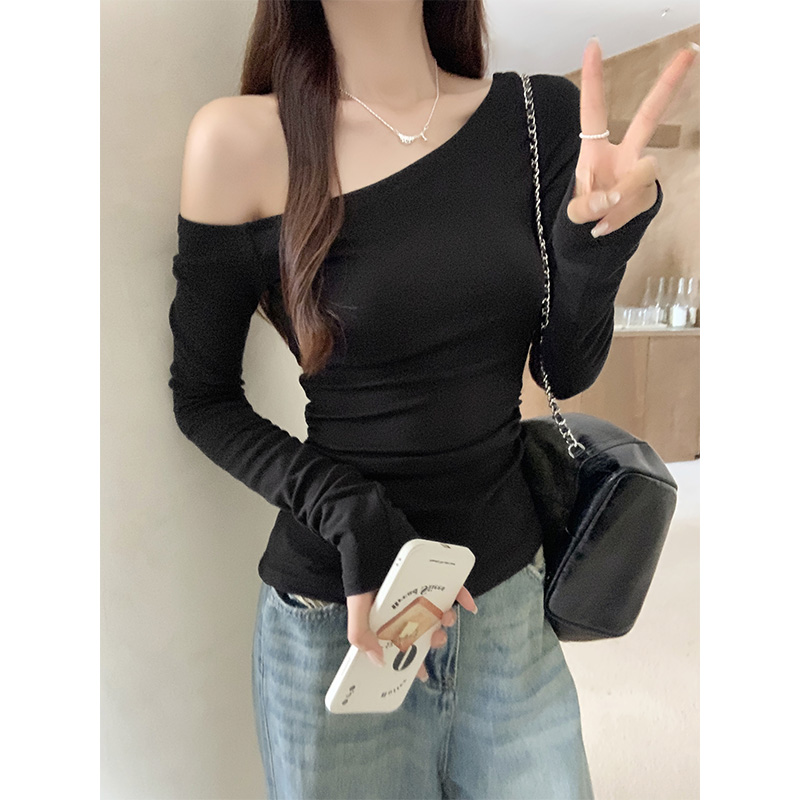 美式斜领露肩黑色长袖T恤女2025秋季褶皱收腰不对称上衣打底衫女