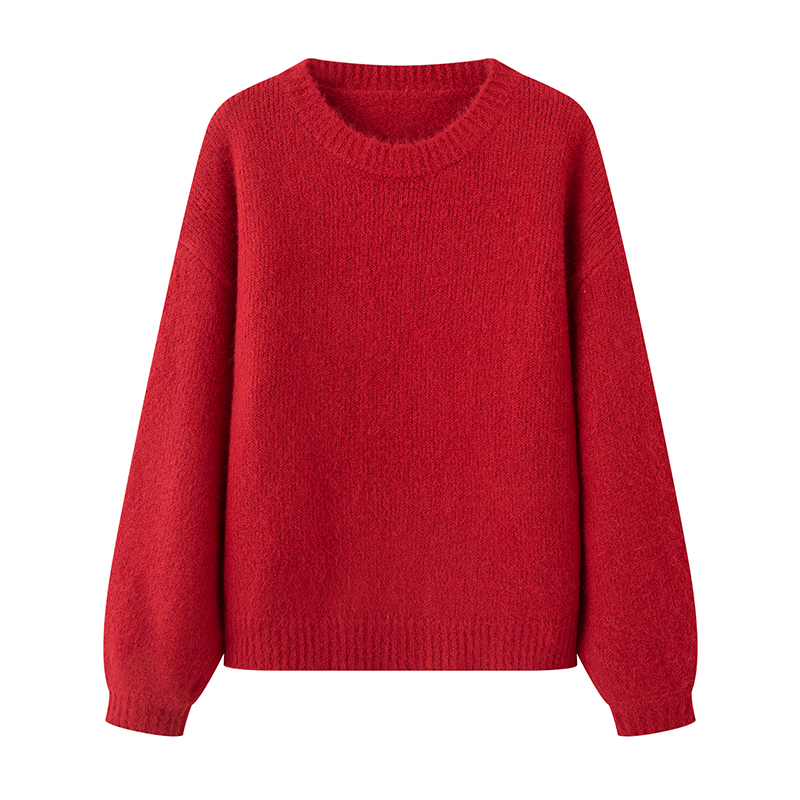 MM家新款针织女羊毛衫澳毛花纱圆领套头衫长袖红色秋冬加厚3462