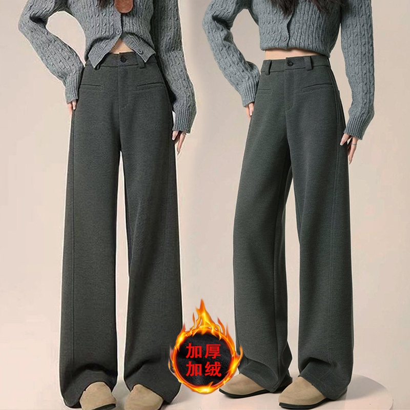 升级版加绒加厚毛呢直筒裤女款2025秋冬季新款百搭窄版保暖休闲裤