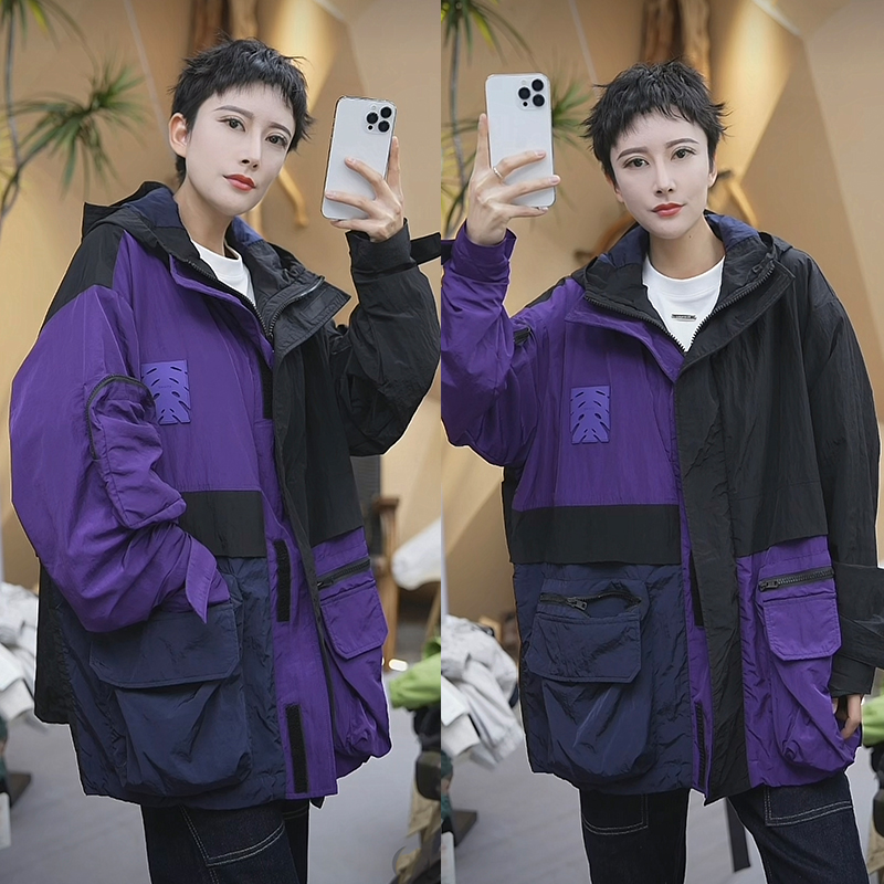 【聚】春夏高品质情侣款宽松休闲撞色连帽夹克外套 0229