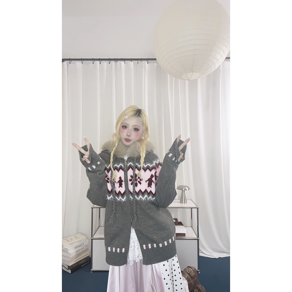 针织宽松毛衣女秋冬款灰色格雷系 百搭费尔岛韩系连帽毛领撞色