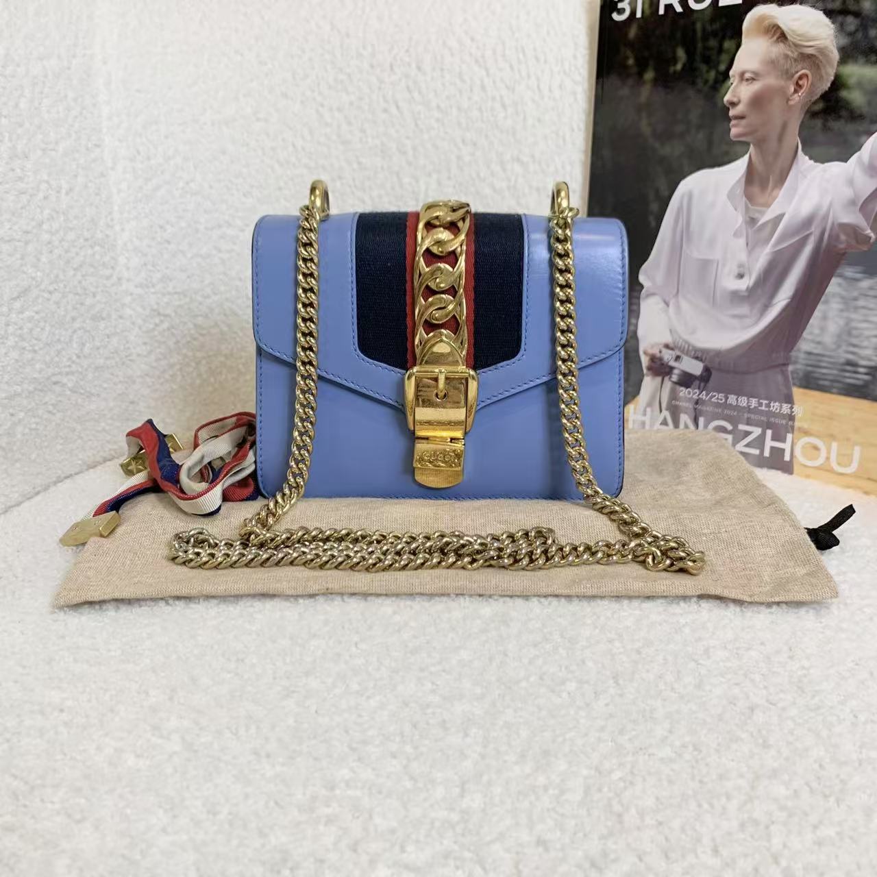 99新 GUCCI/古驰 壹臻/蓝色塞尔维亚小号斜挎包/13213106